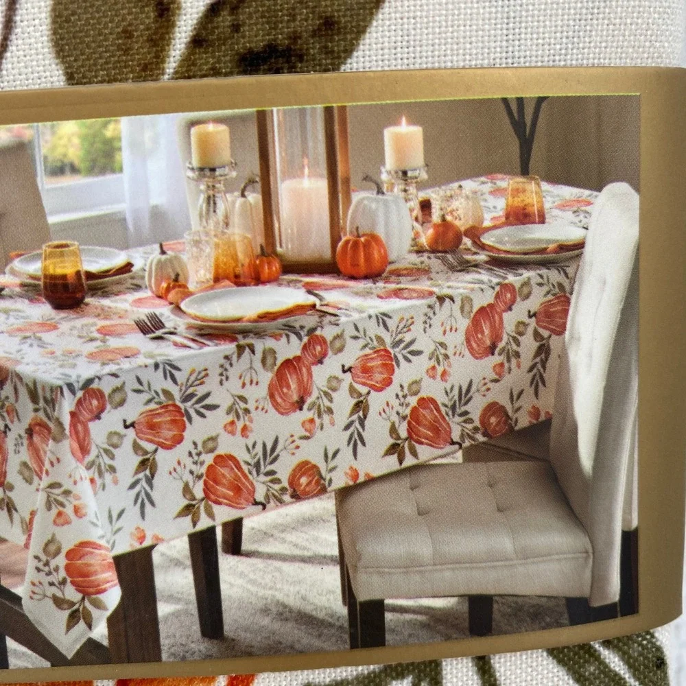 Nicole Miller Home Tablecloth 60x120 Cream Orange Pumpkin Fall Harvest Autumn